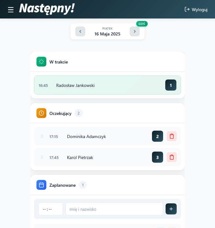 Następny! - Panel aplikacji